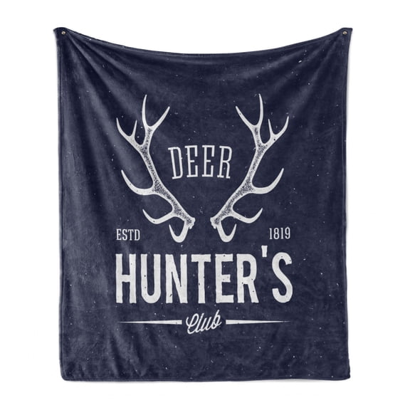 Hunting Soft Flannel Fleece Throw Blanket, Deer Hunter's Club Logo Design Antlers Retro Typography Shabby Style, Cozy Plush for Indoor and Outdoor Use, 50" x 60", Navy Blue White, by Ambesonne