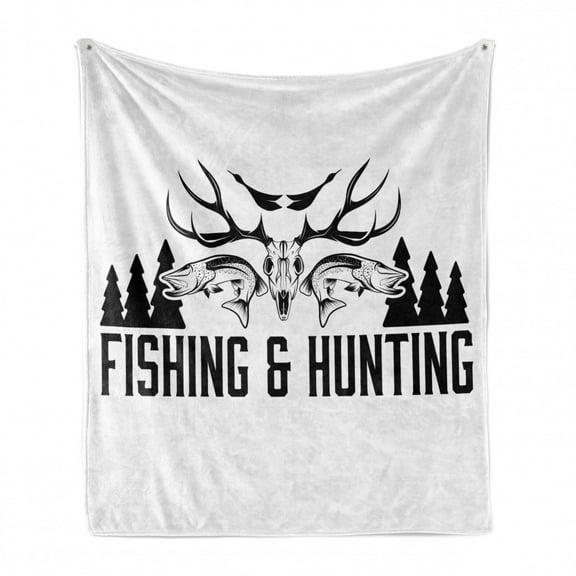 Hunting Soft Flannel Fleece Throw Blanket, Hunting and Fishing in Vintage Emblem Design Antler Horns Mallard Pine Tree, Cozy Plush for Indoor and Outdoor Use, 60" x 80", Black and White, by Ambesonne