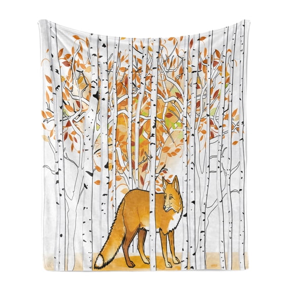 Hunting Soft Flannel Fleece Throw Blanket, Fox Hunting in Autumn Forest Birch Trees Rustic Life Wilderness Animal, Cozy Plush for Indoor and Outdoor Use, 70" x 90", Orange White Black, by Ambesonne