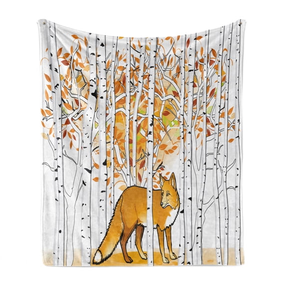 Hunting Soft Flannel Fleece Throw Blanket, Fox Hunting in Autumn Forest Birch Trees Rustic Life Wilderness Animal, Cozy Plush for Indoor and Outdoor Use, 50" x 70", Orange White Black, by Ambesonne