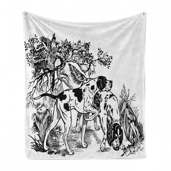 Hunting Soft Flannel Fleece Throw Blanket, Hunting Dogs in the Forest Monochrome Drawing English Pointer and Setter Breeds, Cozy Plush for Indoor and Outdoor Use, 50" x 70", Black White, by Ambesonne