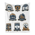 thumbnail image 1 of Hunting Soft Flannel Fleece Throw Blanket, Shield Set Hunting Sports Club Emblems with Animals, Cozy Plush for Indoor and Outdoor Use, 50" x 70", Dark Blue White Brown, by Ambesonne, 1 of 6