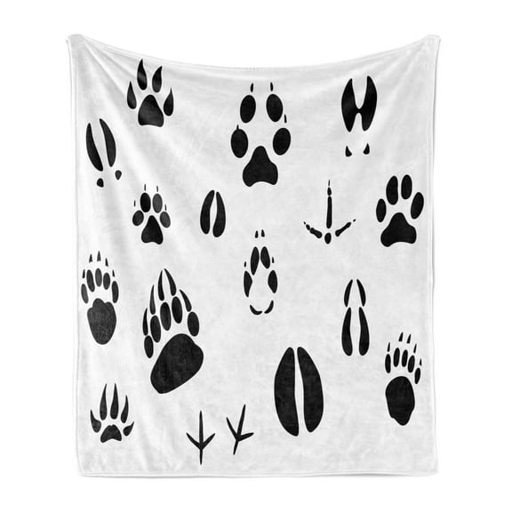 Hunting Soft Flannel Fleece Throw Blanket, Wildlife Animal Footprints and Hooves Claw Silhouettes Ecology Nature Theme, Cozy Plush for Indoor and Outdoor Use, 60" x 80", Black and White, by Ambesonne