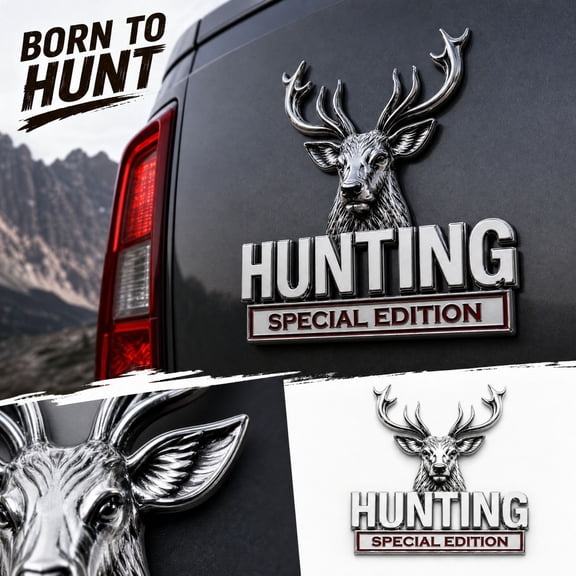 Hunting Special Edition Emblem, 6X6 Inch Silver Metal Badge for Trucks and Suvs, Gift-Ready Automotive Decal with Deer Head Design
