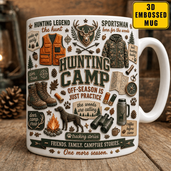 Hunting Sportsman Mug 3D Embossed Gift Mug for Deer Camp, Hunters, Dad, Camping Coffee