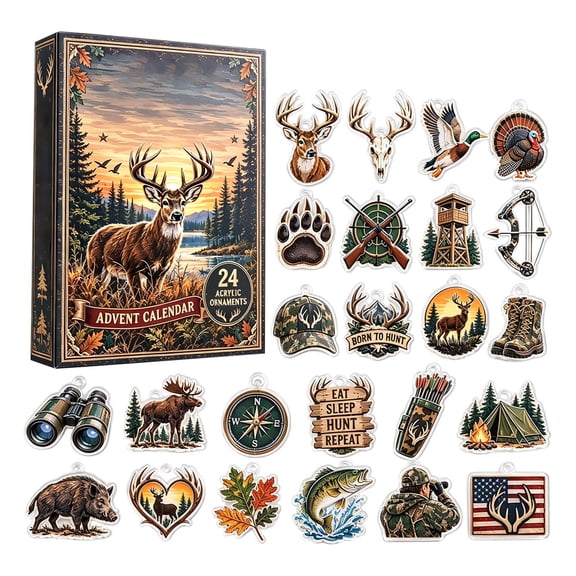 Hunting Theme Advent Calendar 2026, 24-Day Christmas Countdown Blind Box with Collectible 2D Acrylic Forest Animal Ornaments, Outdoor Wilderness Hanging Decor Set
