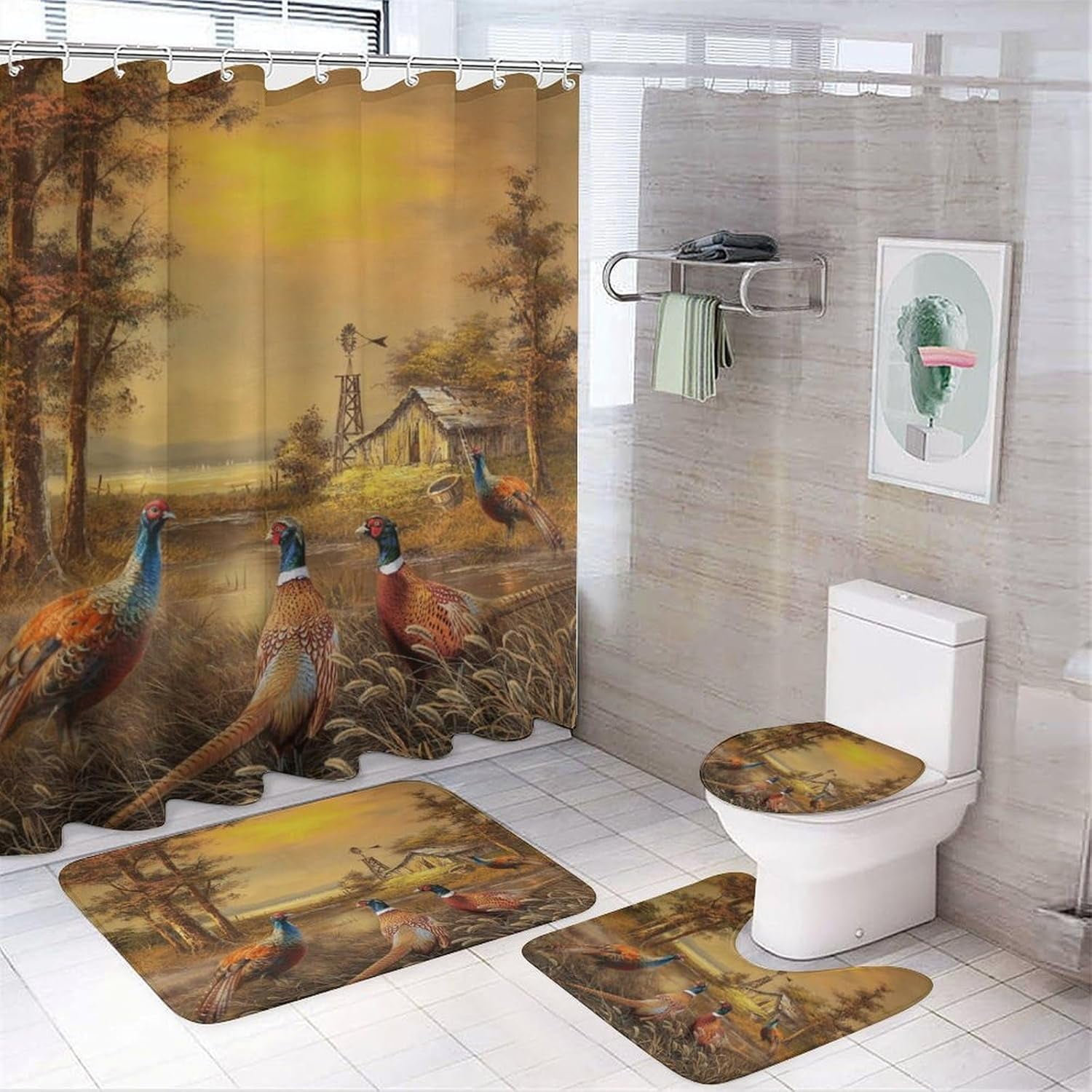 Hunting Theme Duck Shower Curtain Set 4 Pcs, Vintage Farmhouse Oil
