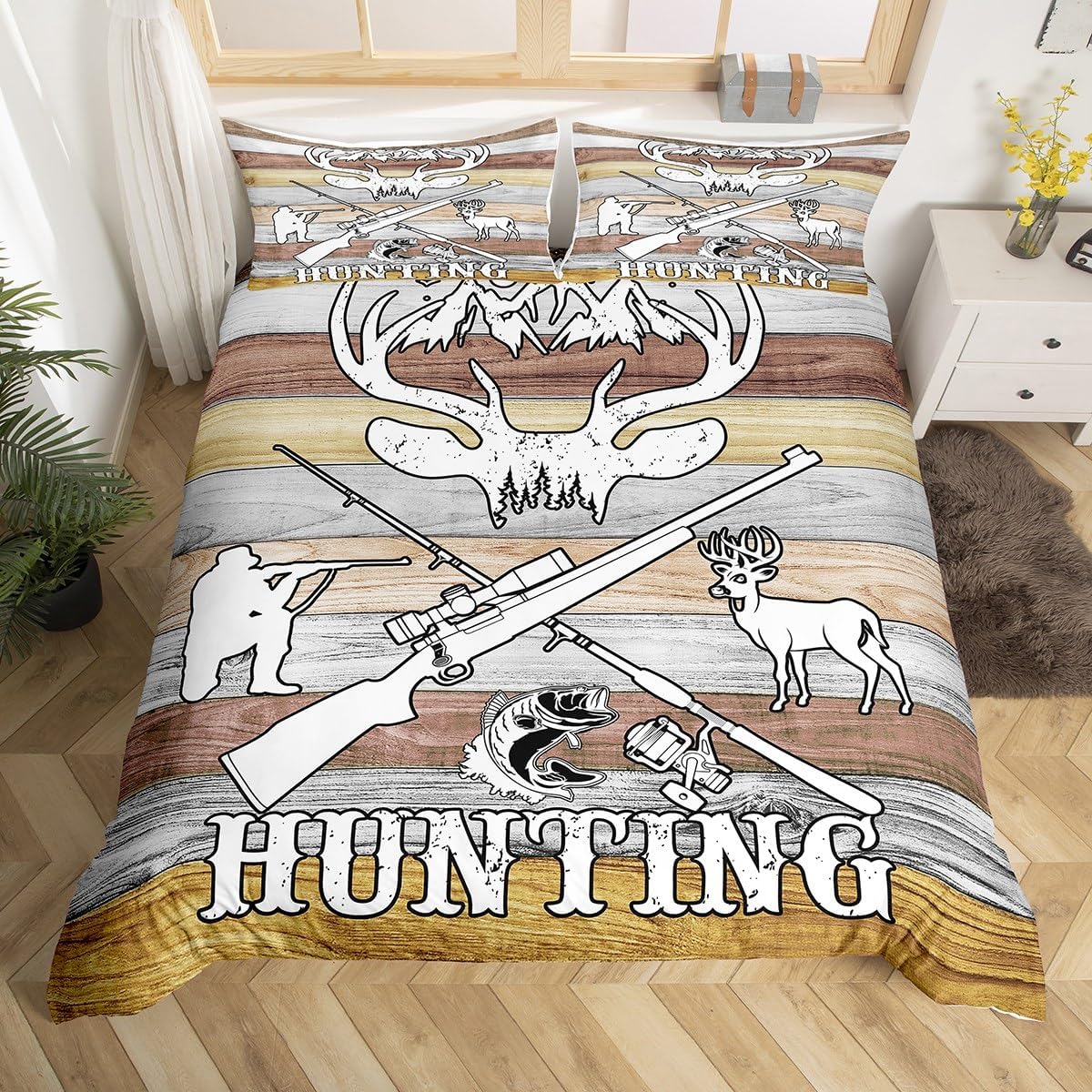 Hunting Themed Bedding Set Wild Animal Deer Bass Fish Bedding Rustic Farmstyle Comforter Cover