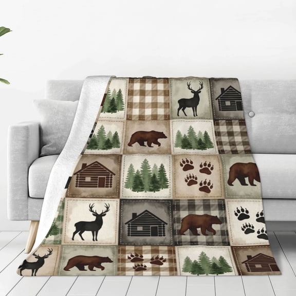 Hunting Throw Blanket Brown Green Plaid Patchwork Hunting Bear and Deer Lodge Soft Cozy Flannel Blankets for Living Room Bedroom Couch Sofa Bed Camping 80x60