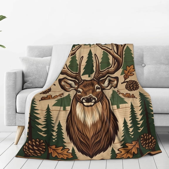 Hunting Throw Blanket, Deer Forest Design, Soft Flannel Throw Blanket Gift for Hunters Men, Bedroom Sofa 50x40