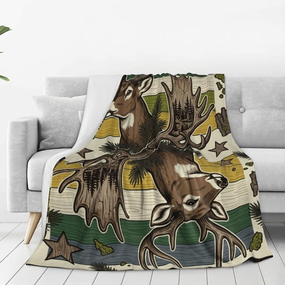 Hunting Throw Blanket, Flannel Blanket All-Season Camo Deer Print Throw for Bed Sofa, Home Bed Blanket 50x40