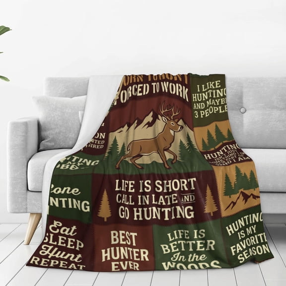 Hunting Throw Blanket, Flannel Blanket with Deer Hunter Print, Warm Bed Couch Sofa Throw Blanket 50x40