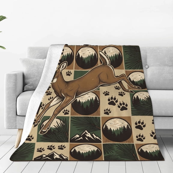 Hunting Throw Blanket, Flannel Blanket with Lodge Plaid Patchwork Design, Living Room Bedroom Throw 50x40