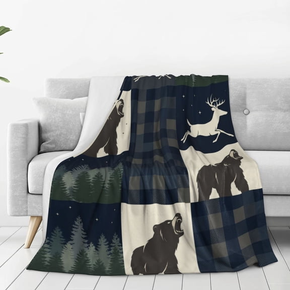 Hunting Throw Blanket, Flannel Blanket with Plaid Patchwork Bear Deer Pattern, Couch Bed Sofa Throw 50x40