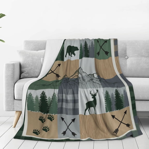 Hunting Throw Blanket, Flannel Blanket with Retro Rustic Cabin Lodge Design, Bed Couch Sofa Throw Blanket 50x40