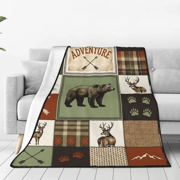 Hunting Throw Blanket, Flannel Blanket with Retro Rustic Cabin Lodge Design, Bed Couch Sofa Throw Blanket 50x40