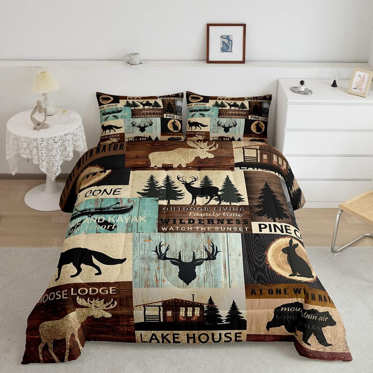 Hunting Woodland Animal Comforter Set Queen Rustic Fox Bear Deer Moose  Bedding Set,Lake House Fishing Comforter for Farmhouse Cabin  Lodge,Countryside Wildlife Quilt Duvet Brown Teal 2 Pillow Cases 