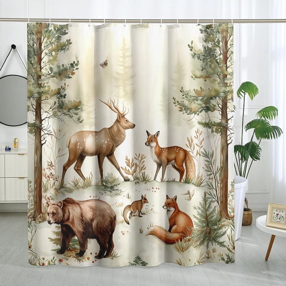 Hunting Woodland Shower Curtain Country Forest Wildlife Shower Curtains Watercolor Cabin Animal Themed Bathroom Decor Polyester Fabric-72" x 72"