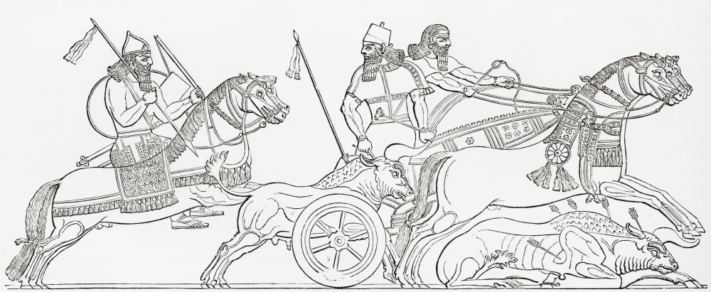 Hunting wild bull in ancient Assyria From The Imperial Bible Dictionary published 1889 Canvas Art - Ken Welsh Design Pics (42 x 18)