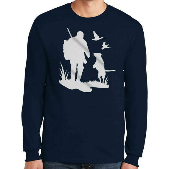 Hunting with dog Graphic Design Men's Big Size Ultra Cotton Long Sleeve T-Shirt - Navy 4XL