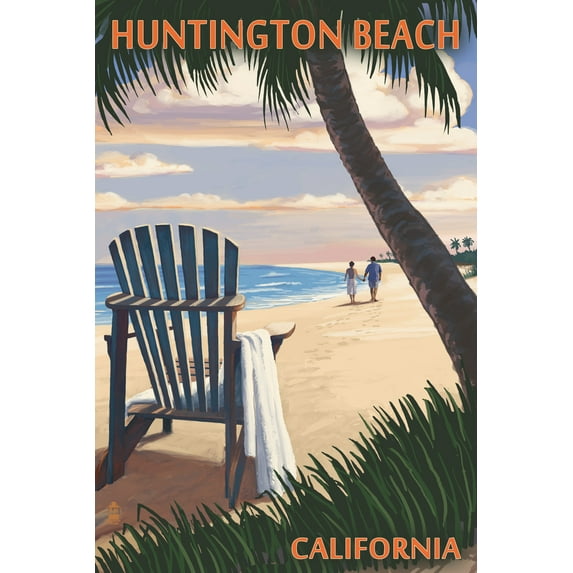 Huntington Beach, California, Adirondack Chairs and Sunset (9x12 Wall Art Print, Home Decor)