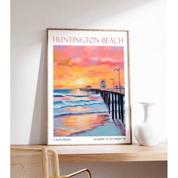 Huntington Beach California Travel Poster With Coastal City Decor