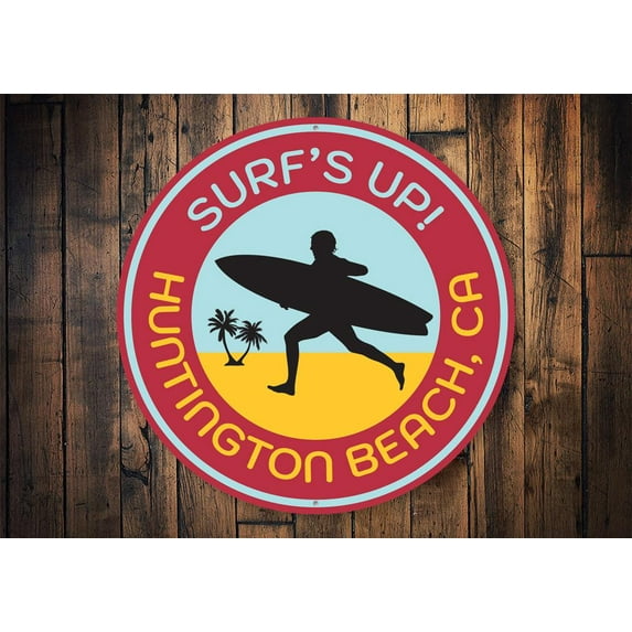 Huntington Beach Surfing Novelty Decor, Metal Wall Sign - 12" Circle