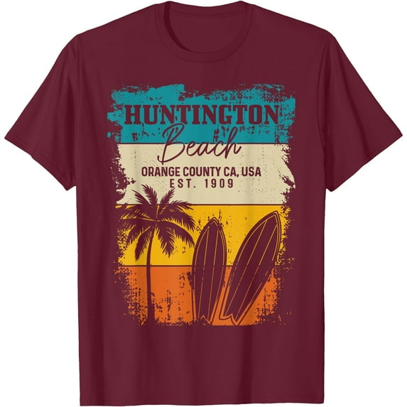 Huntington Beach Surfing Vintage Orange County California Unisex T-Shirt for Men Women,Maroon Color,Size 4XL