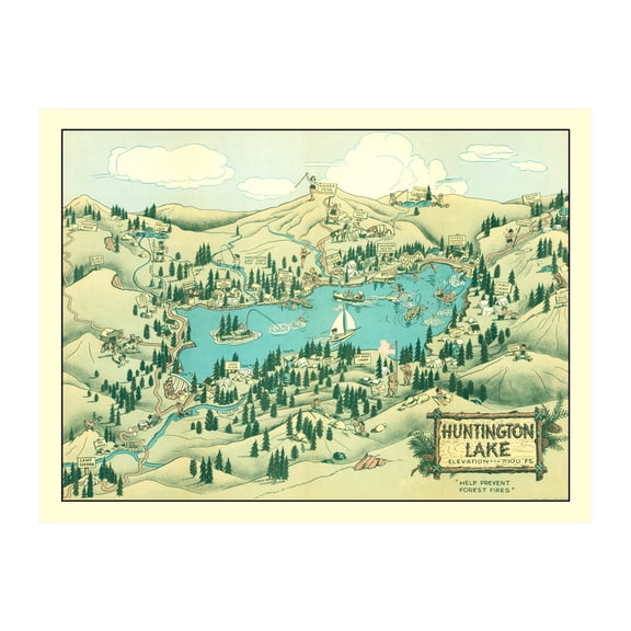 Huntington Lake Art, 1940 Vintage Map of Huntington Lake History Wall Decor Gift, Old Huntington Lake Map - 24" x 18" Unframed Print