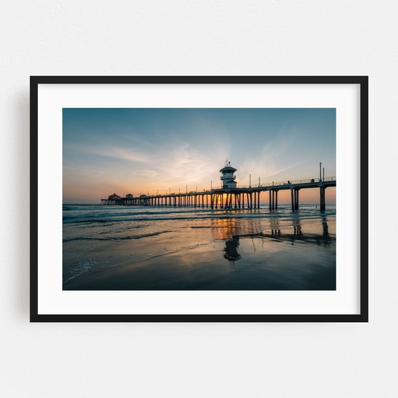 Huntington Pier Sunset - Huntington Beach California Photography Sunset Beach Ocean Coast Landscape Scenic Black Framed Wall Art Print 20 x 30 inches