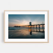 Huntington Pier Sunset - Huntington Beach California Photography Sunset Beach Ocean Coast Landscape Scenic Oak Framed Wall Art Print 24 x 36 inches