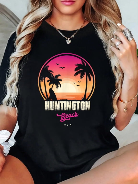 Huntington Souvenir - Beach Reminder T-Shirt casual short sleeve crew neck cotton tee tops for women