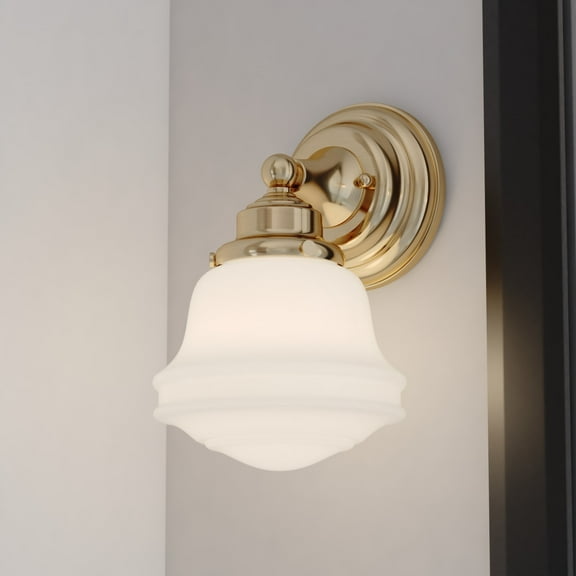 Huntley 1 Light LED Compatible Gold Brass Farmhouse Bathroom Vanity Wall Fixture White Schoolhouse Glass