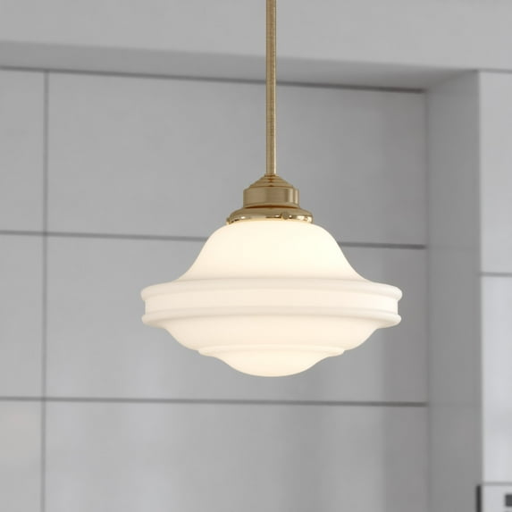 Huntley 1 Light Natural Brass Farmhouse Schoolhouse Pendant White Glass