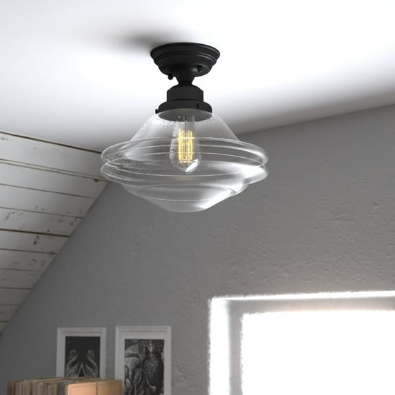 Huntley 12-in W Bronze Farmhouse Schoolhouse Semi Flush Mount Ceiling Light Clear Seeded Glass