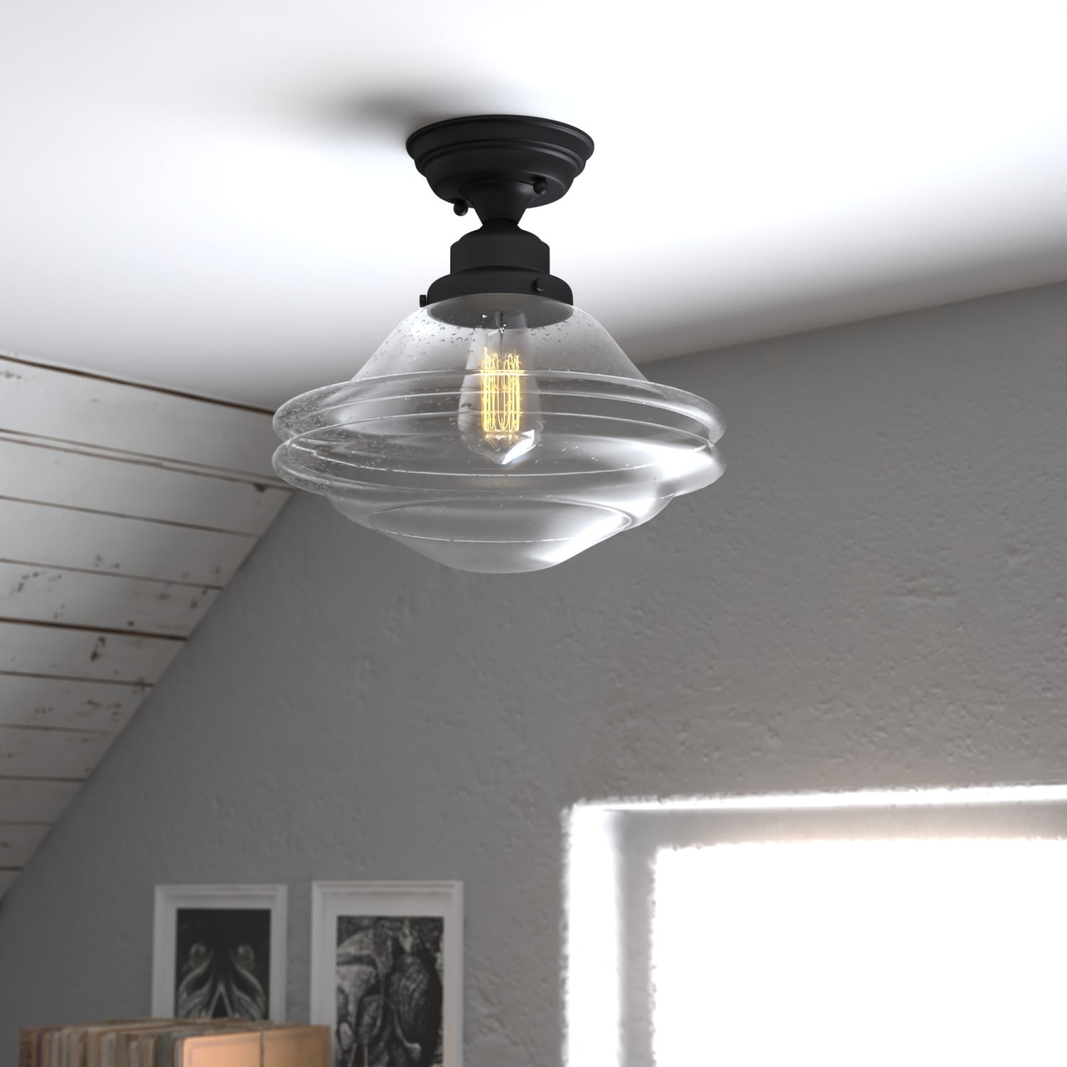 Huntley Farmhouse Bronze Semi-Flush Mount with Seeded Glass