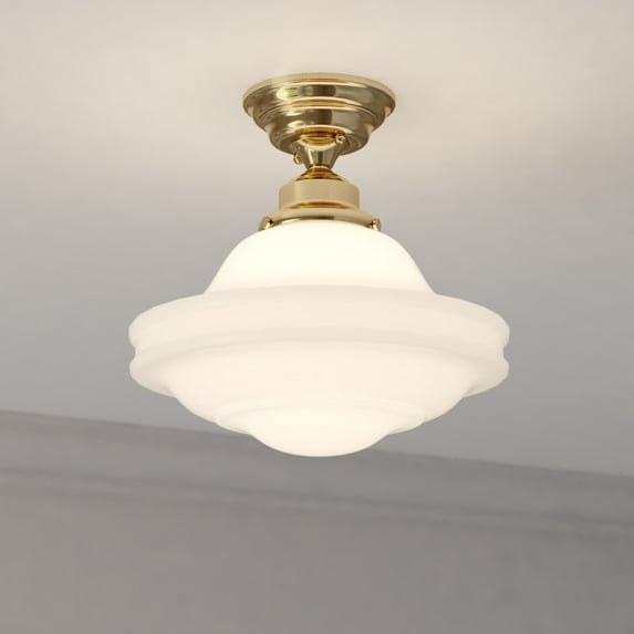 Huntley 12-in W Natural Brass Farmhouse Schoolhouse Semi Flush Mount Ceiling Light White Glass