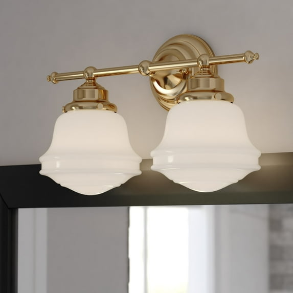 Huntley 2 Light LED Compatible Gold Brass Farmhouse Bathroom Vanity Wall Fixture White Schoolhouse Glass