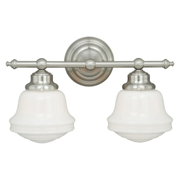 Huntley 2 Light Satin Nickel Farmhouse Schoolhouse Bathroom Vanity Fixture