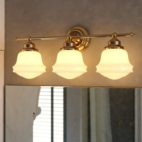 Huntley 3 Light LED Compatible Gold Brass Farmhouse Bathroom Vanity Wall Fixture White Schoolhouse Glass
