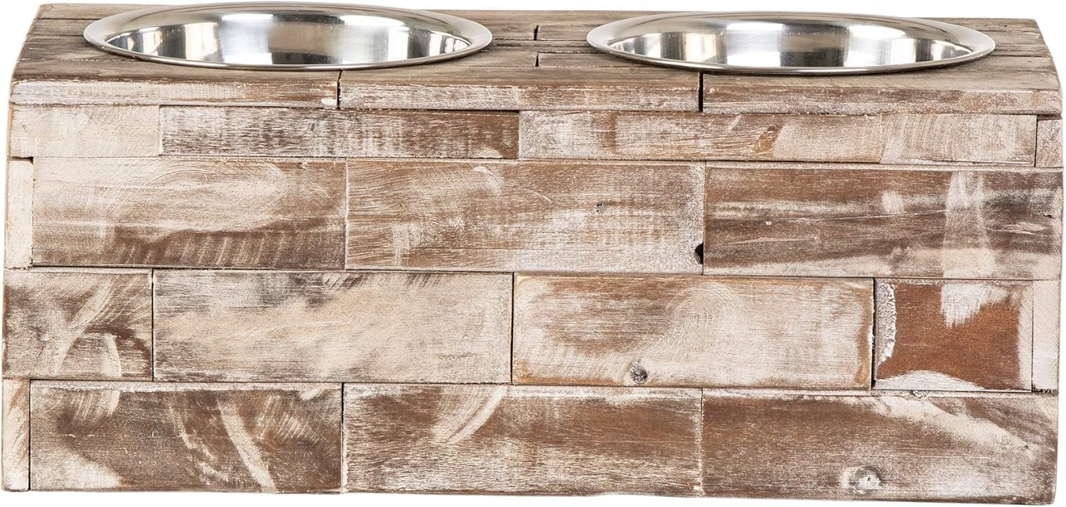 Large Rustic Reclaimed Wood Elevated Pet Feeder with Stainless Steel Bowls