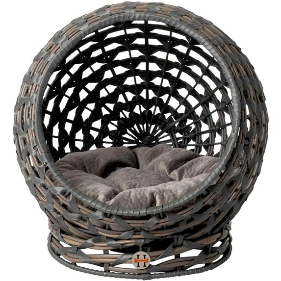 Huntley Equestrian Pet Rattan Cat Bed Condo, Elevated with Round Cushion, Grey (02196)