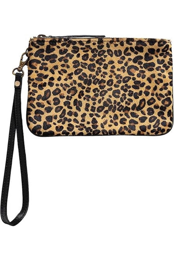 Wristlet Clutch Wallet Purse Cowhide Zip Closure & Detachable Strap - Leopard