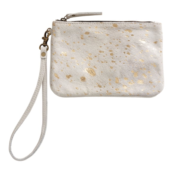 Huntley Equestrian Wristlet Clutch Wallet Purse Cowhide Zip Closure & Detachable Strap- gold foil