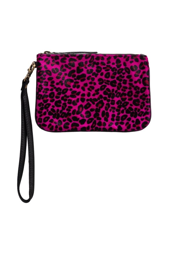 Wristlet Clutch Wallet Purse Cowhide Zip Closure & Detachable Strap-pink leopard