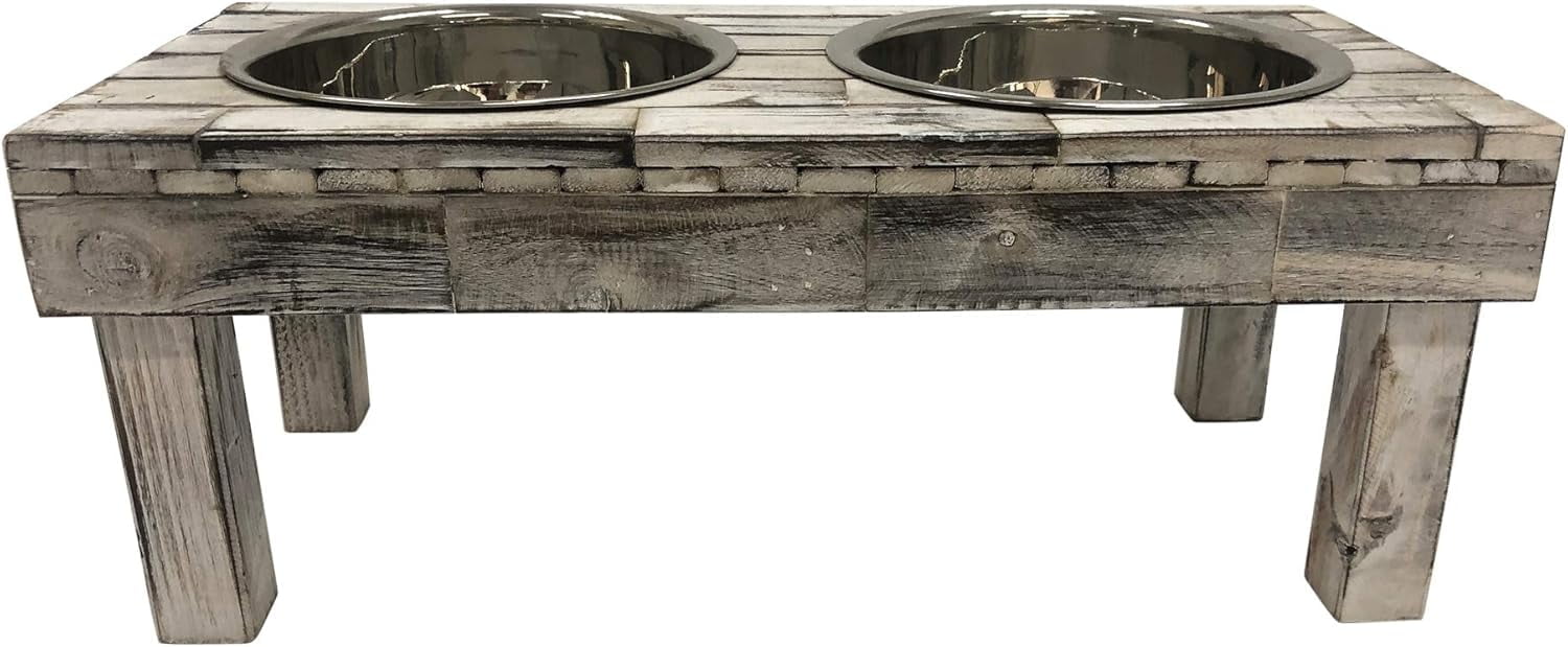 Large White Wash Reclaimed Wood Elevated Double Bowl Feeder