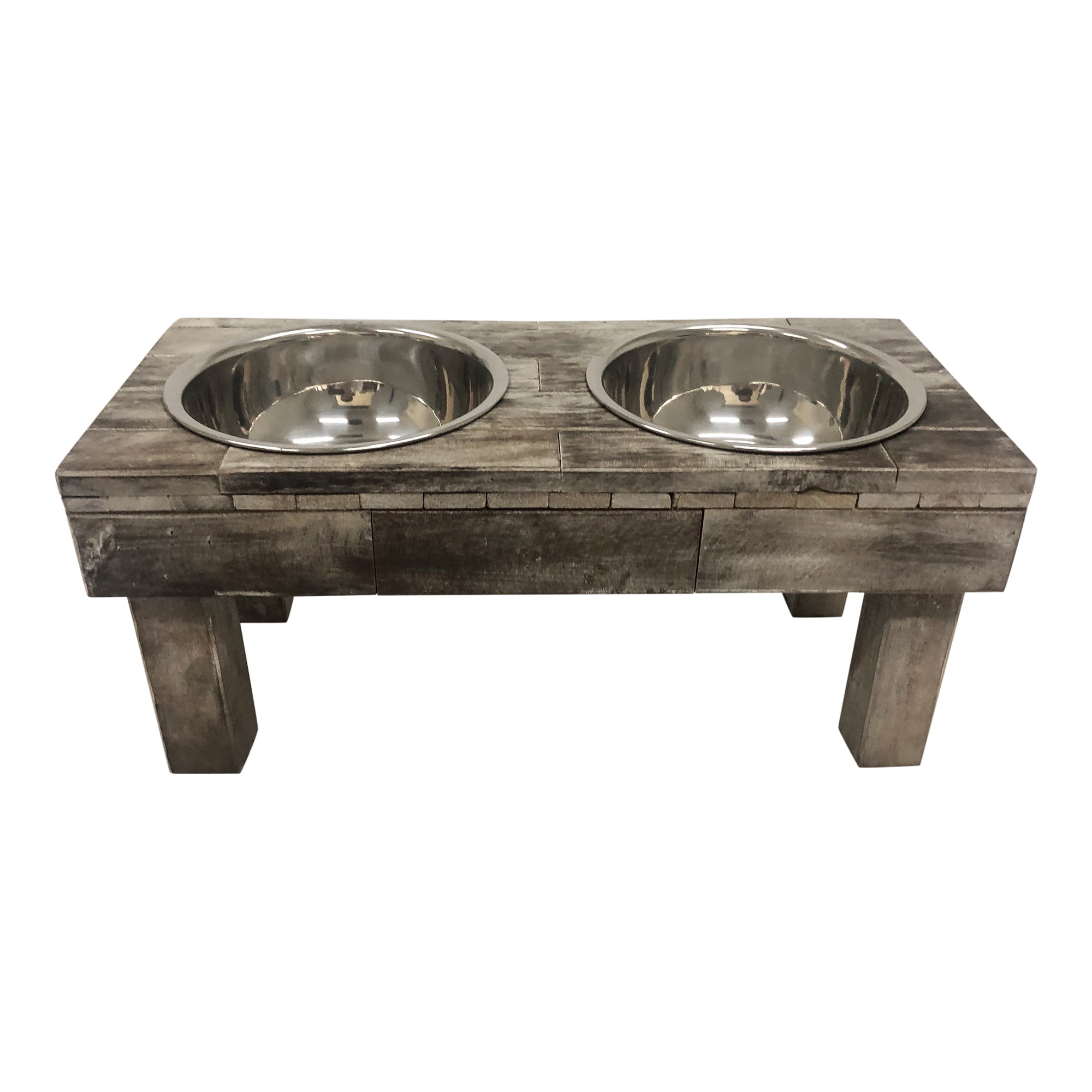 Small Brown Wash Reclaimed Wood Elevated Double Pet Feeder