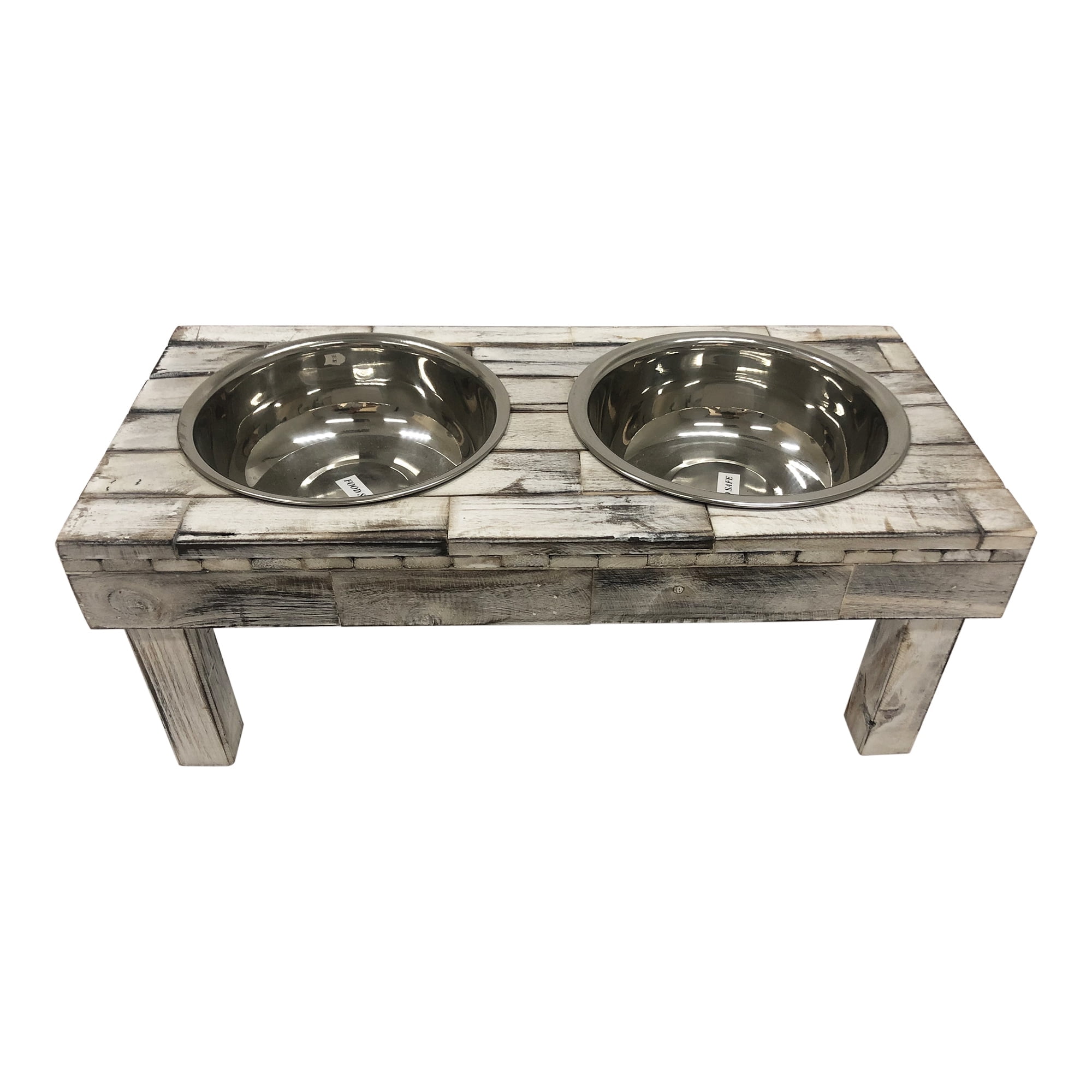 Huntley Pet Berjen Table Elevated Double Bowl Pet Feeder, White Wash (Small)
