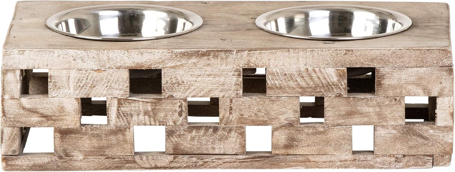 Small Natural Reclaimed Wood Elevated Pet Feeder with Stainless Steel Bowls