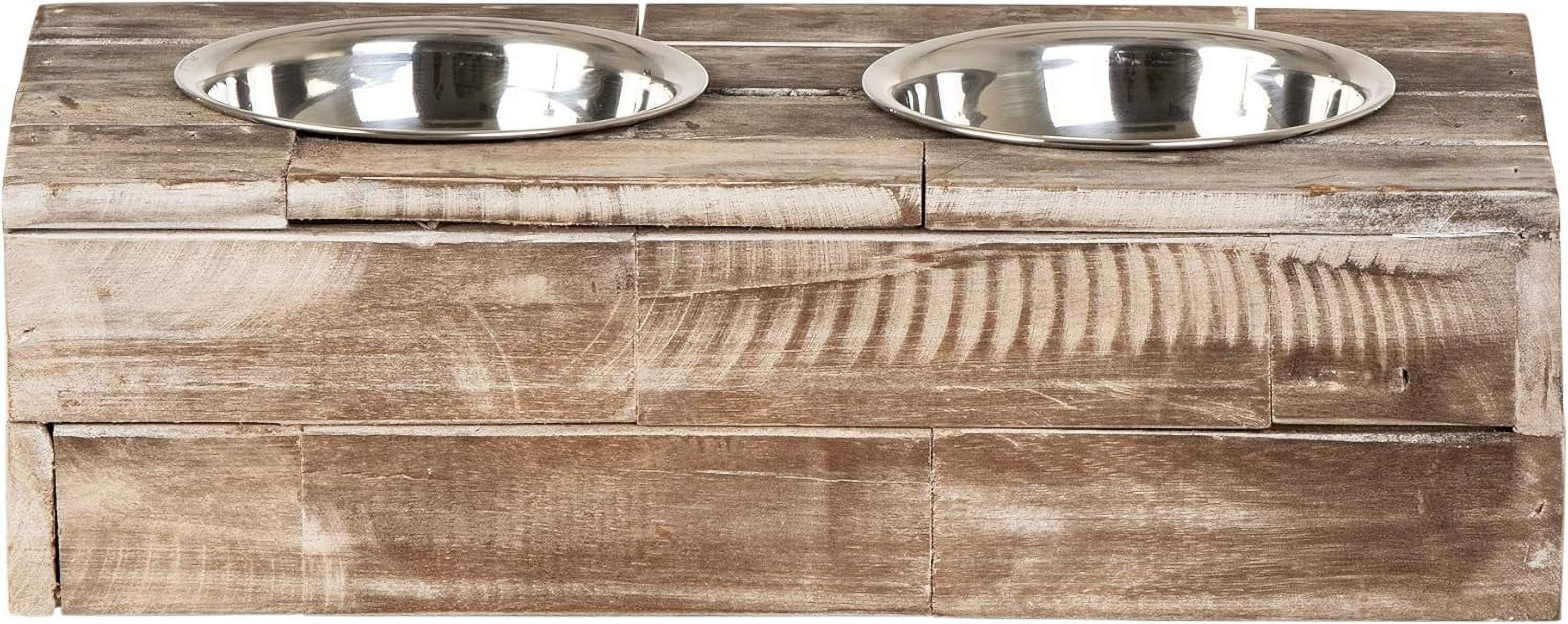 Small Natural Reclaimed Wood Elevated Pet Feeder with Stainless Steel Bowls